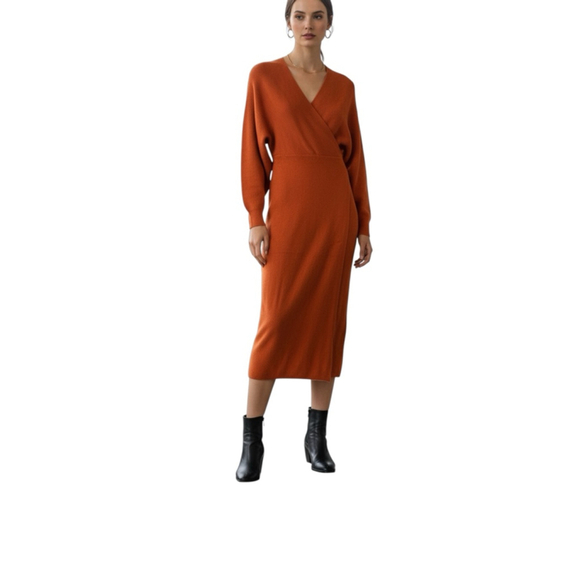 Unbranded Dresses & Skirts - Size L Long Sleeve Ribbed Fall Winter Long Sleeve Wrap Midi Dress Burnt Orange